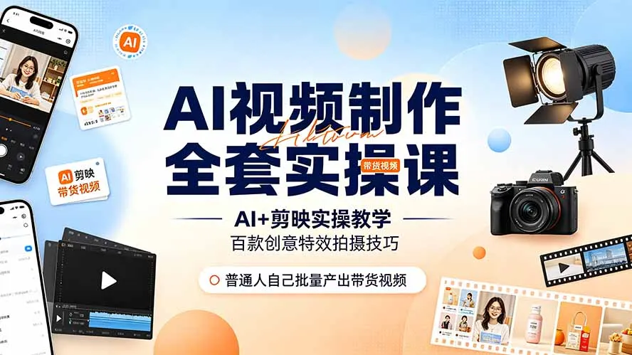 AI视频制作全套实操课，多款AI工具搭配剪映教学，百种特效运镜拍摄实操，抖音账号带货运营全覆盖-资源分享