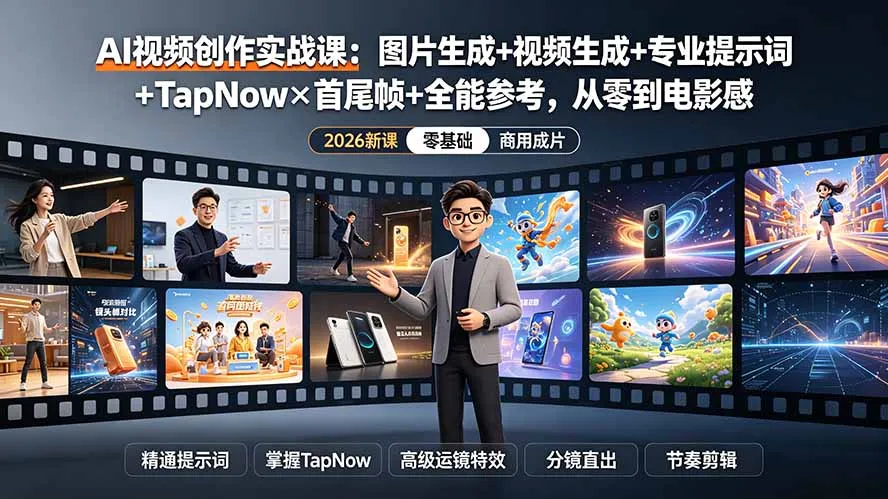 AI视频创作实战课：图片生成+视频生成+专业提示词+TapNow×首尾帧+全能参考，从零到电影感成片-资源分享
