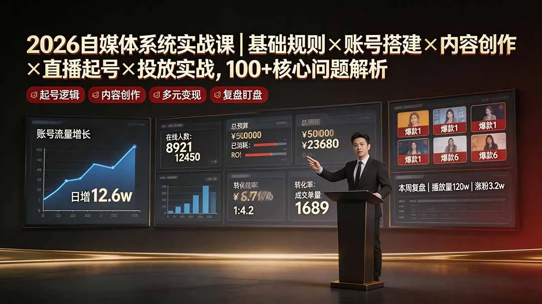 2026自媒体系统实战课｜基础规则×账号搭建×内容创作×直播起号×投放实战，100+核心问题解析-资源分享