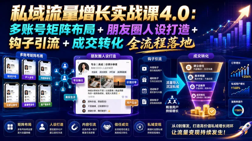 私域流量增长实战课4.0：多账号矩阵布局+朋友圈人设打造+钩子引流+成交转化全流程落地-资源分享