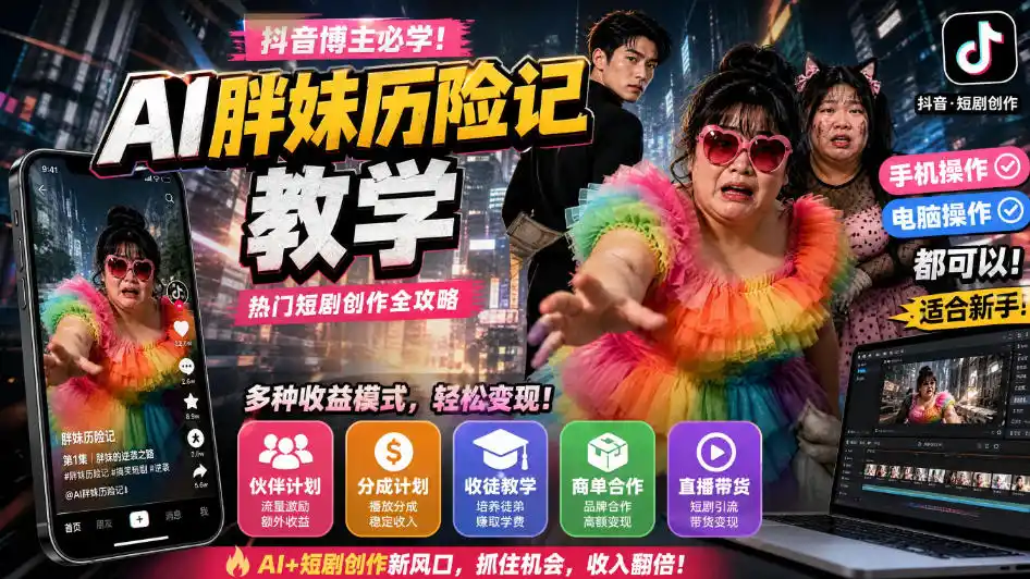抖音博主的AI胖妹历险记教学，伙伴计划+分成计划+收徒+商单等多种收益，适合新手，手机电脑都可以操作-资源分享