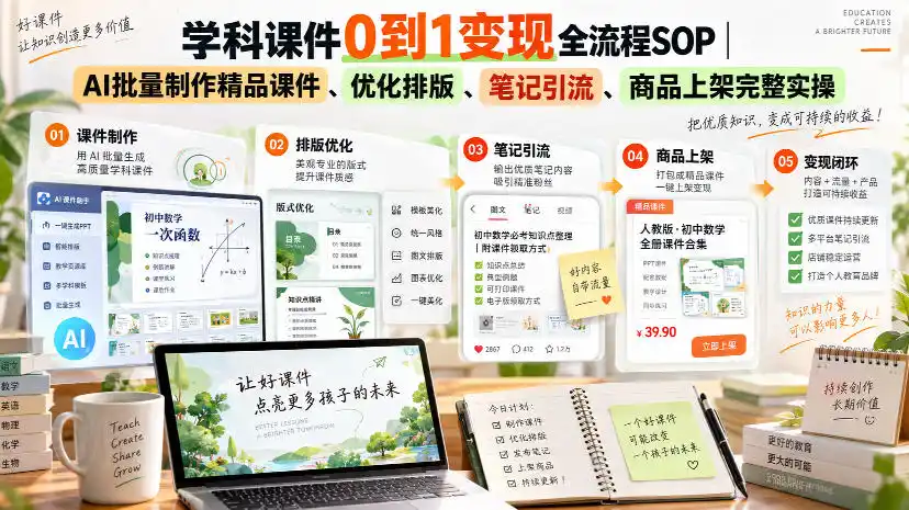 学科课件0到1变现全流程SOP｜AI批量制作精品课件、优化排版、笔记引流、商品上架完整实操-资源分享