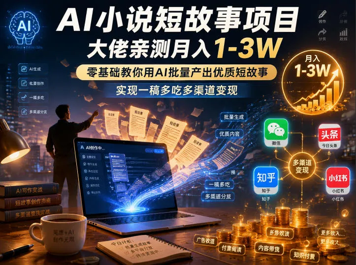 AI小说短故事项目，大佬亲测月入1-3W，零基础教你用AI批量产出优质短故事，实现一稿多吃多渠道变现-资源分享