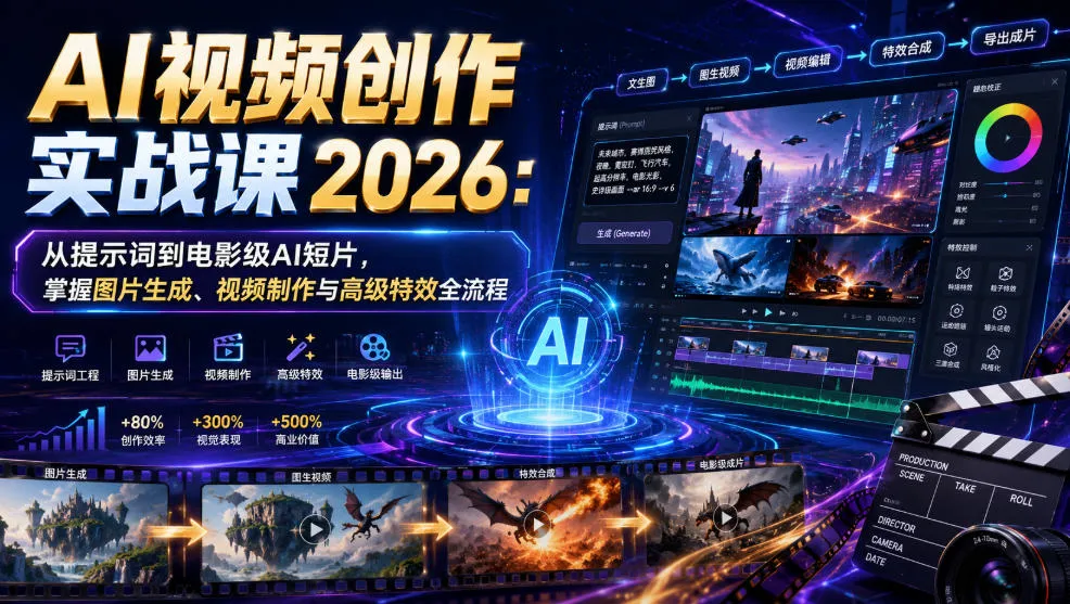 AI视频创作实战课2026：从提示词到电影级AI短片，掌握图片生成、视频制作与高级特效全流程-资源分享