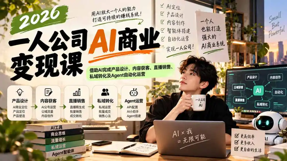 2026一人公司AI商业变现课：借助AI完成产品设计、内容获客、直播销售、私域转化及Agent自动化运营-资源分享
