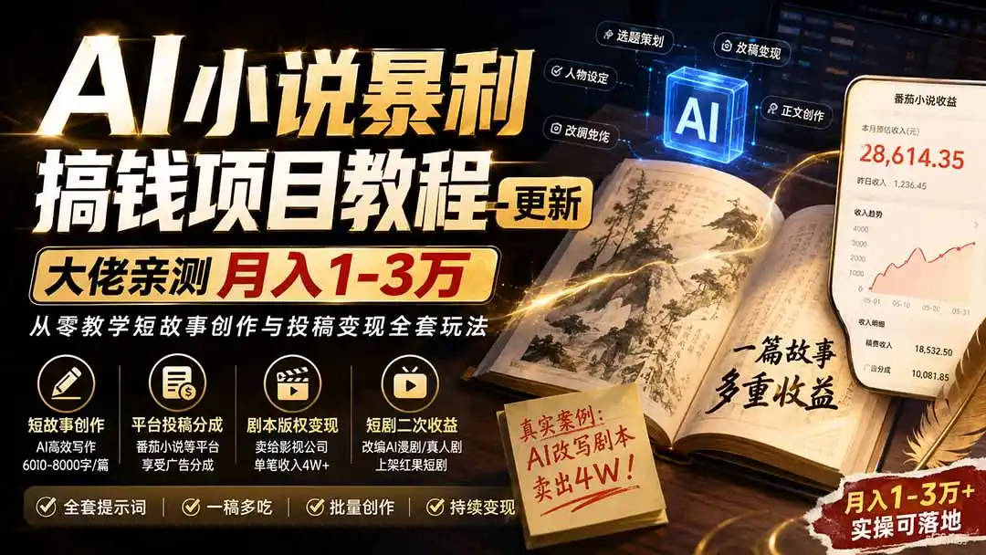 AI小说短故事暴利搞钱项目教程-更新，大佬亲测月入1-3万，从零教学短故事创作与投稿变现全套玩法-资源分享
