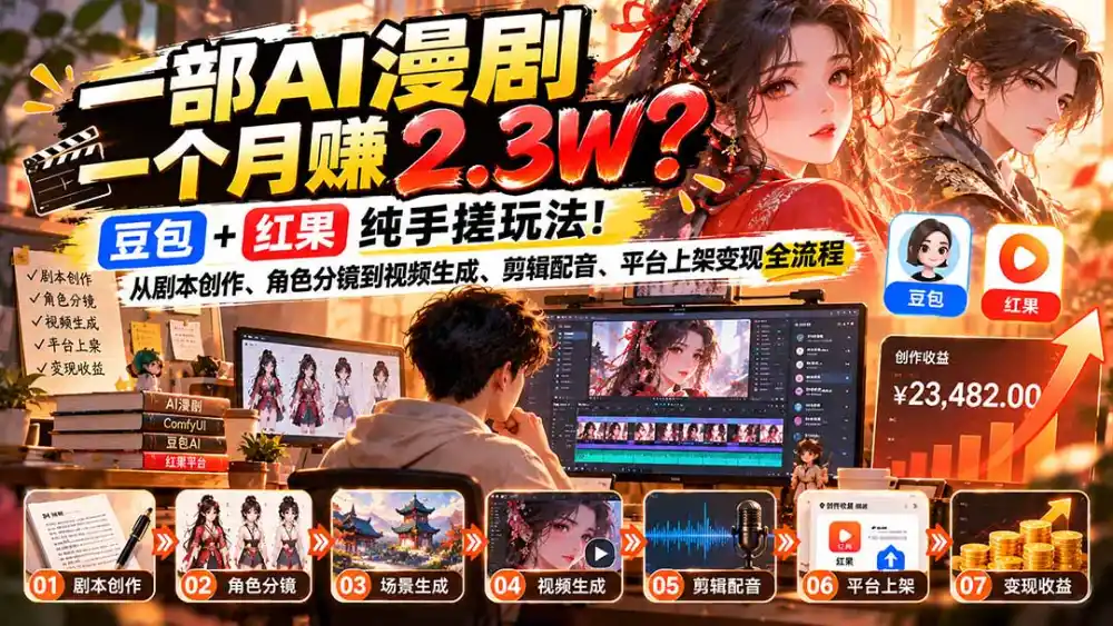 一部AI漫剧一个月赚2.3W？豆包+红果纯手搓玩法！从剧本创作、角色分镜到视频生成、剪辑配音、平台上架变现全流程-资源分享