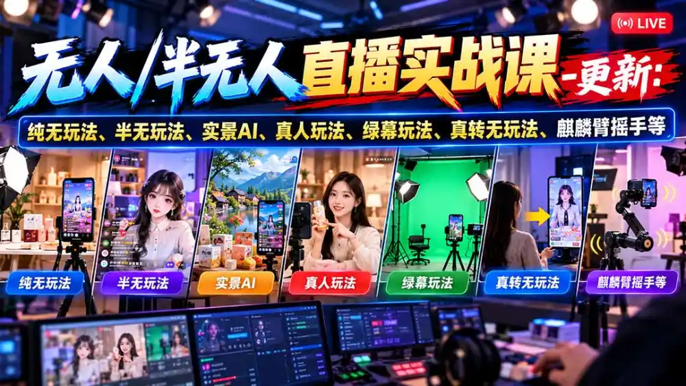无人/半无人直播实战课-10月20更新：纯无玩法、半无玩法、实景AI、真人玩法、绿幕玩法、真转无玩法、麒麟臂摇手等-资源分享