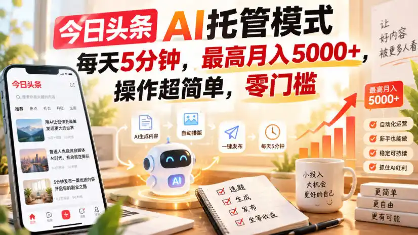 今日头条AI托管模式，每天5分钟，最高月入5000+，操作超简单，零门槛【揭秘】-资源分享
