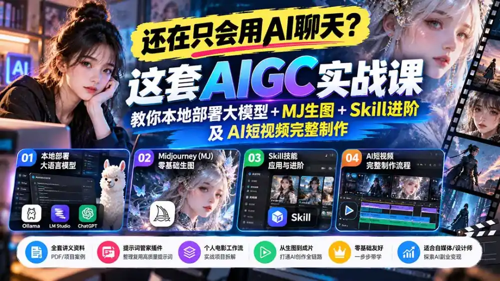 【无水印】还在只会用AI聊天？这套AIGC实战课教你本地部署大模型+MJ生图+Skill进阶及AI短视频完整制作-资源分享
