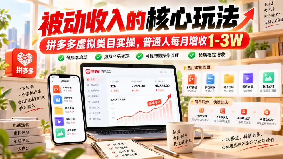 被动收入的核心玩法，拼多多虚拟类目实操，普通人每月增收1-3W【揭秘】-资源分享