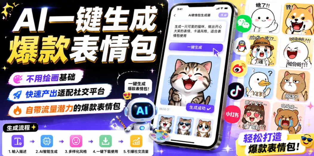 AI一键生成爆款表情包，不用绘画基础，快速产出适配社交平台，自带流量潜力的爆款表情包-资源分享