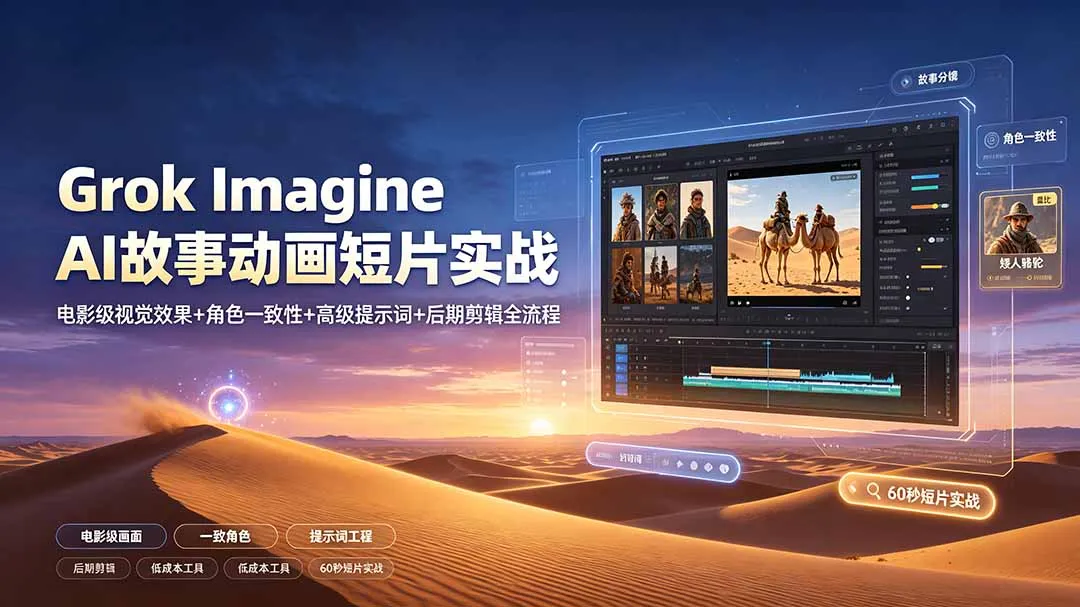 Grok Imagine AI故事动画短片实战：电影级视觉效果+角色一致性+高级提示词+后期剪辑全流程-资源分享