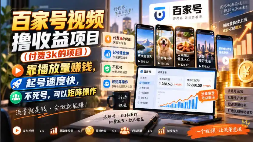 百家号视频撸收益项目(付费3k的项目)，靠播放量賺钱，起号速度快，不死号，可以矩阵操作-资源分享