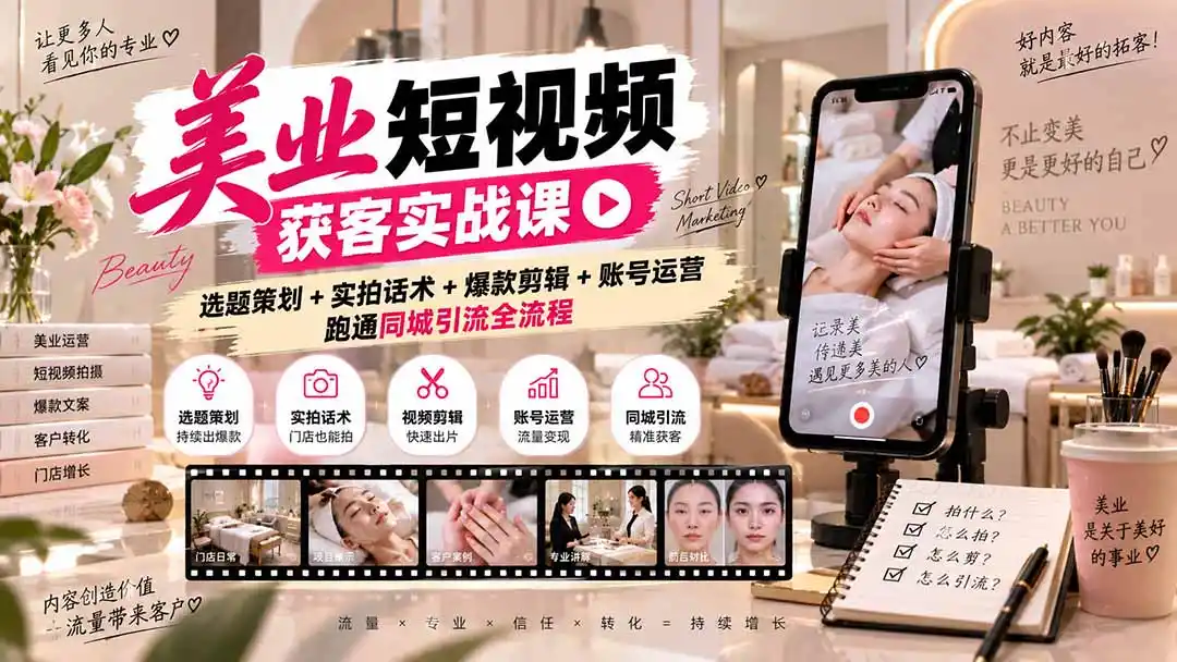 美业短视频获客实战课-无水印：选题策划+实拍话术+爆款剪辑+账号运营，跑通同城引流全流程-资源分享