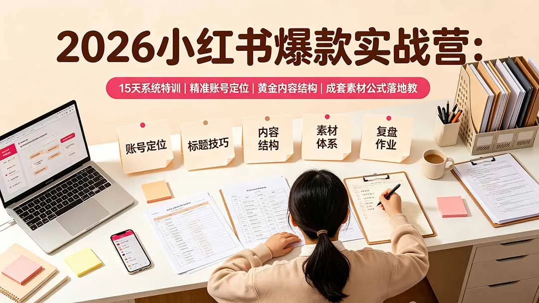2026小红书爆款实战营：15天系统特训｜精准账号定位｜黄金内容结构｜成套素材公式落地教程-资源分享