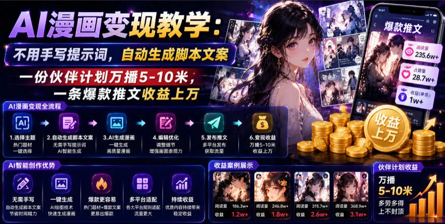 AI漫画变现教学：不用手写提示词，自动生成脚本文案，一份伙伴计划万播5-10米，一条爆款推文收益上W-资源分享