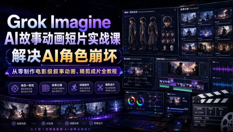 Grok Imagine AI故事动画短片实战课｜解决AI角色崩坏，从零制作电影级叙事动画、精剪成片全教程(中英字幕)-资源分享