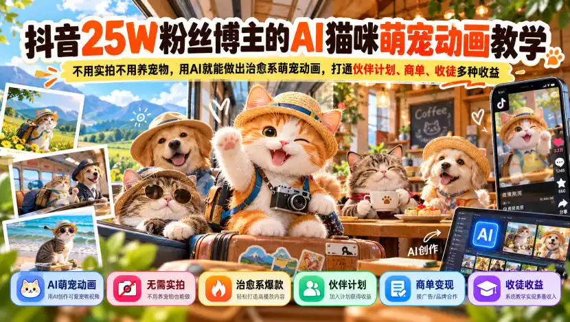 抖音25W粉丝博主的AI猫咪萌宠动画教学，不用实拍不用养宠物，用AI就能做出治愈系萌宠动画，打通伙伴计划、商单、收徒多种收益-资源分享