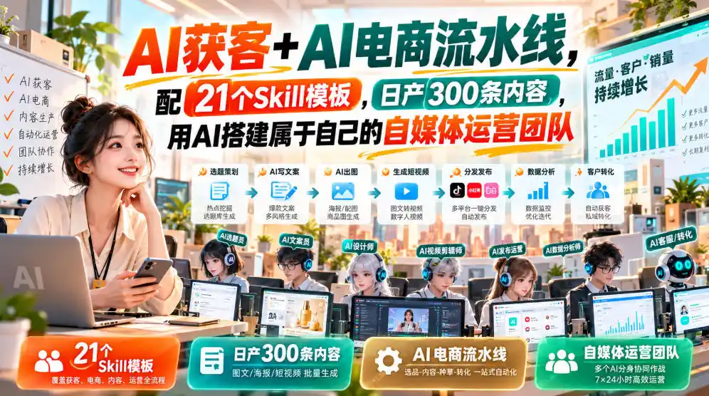 AI获客+AI电商流水线，配21个Skill模板，日产300条内容，用AI搭建属于自己的自媒体运营团队-资源分享