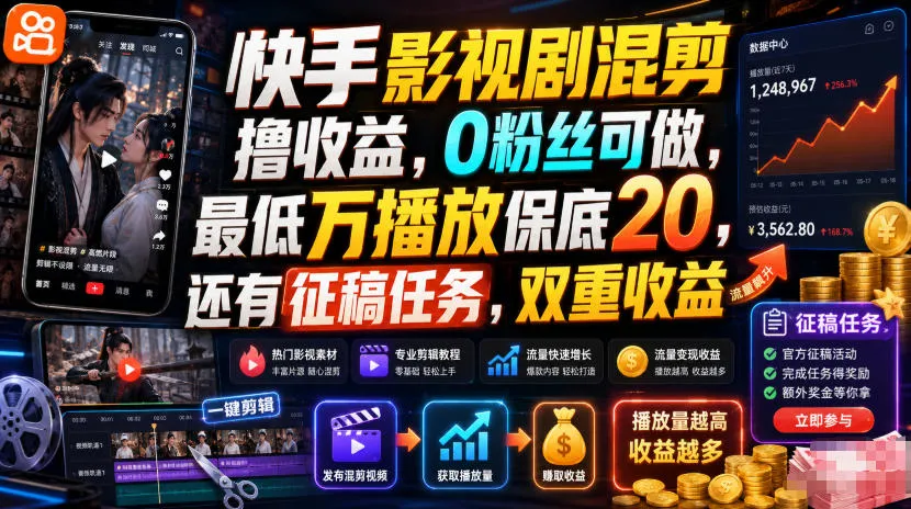 快手影视剧混剪撸收益，0粉丝可做，最低万播放保底20，还有征稿任务，双重收益-资源分享