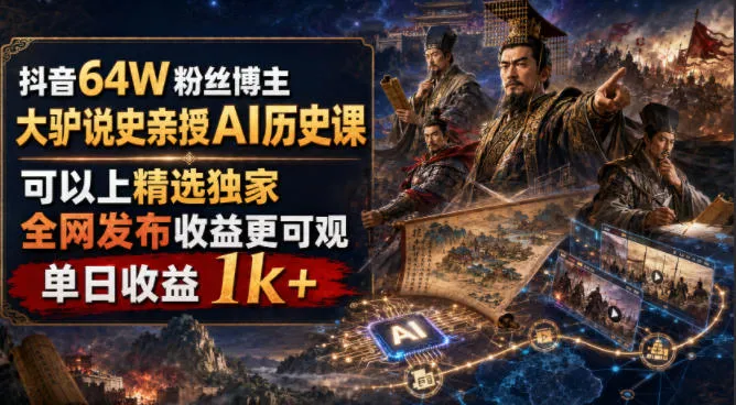 AI历史课：大驴说史抖音精选独家，全网发布收益1k+ - 轻创方舟-资源分享