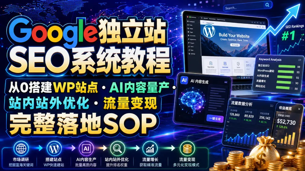 Google独立站SEO系统教程,从0搭建WP站点・AI内容量产・站内站外优化・流量变现完整落地SOP(2026年7月)