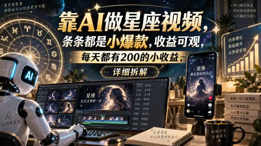 靠AI做星座视频，条条都是小爆款，收益可观，每天都有200的小收益，详细拆解-资源分享