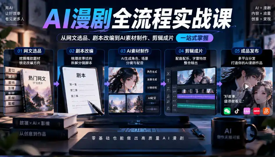AI漫剧全流程实战课，覆盖从网文选品、剧本改编到AI素材制作、剪辑成片的完整链路-资源分享