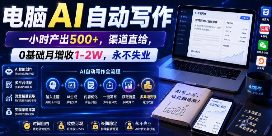 电脑AI自动写作，一小时产出500+，渠道直给，0基础月增收1-2W，永不失业【揭秘】-资源分享