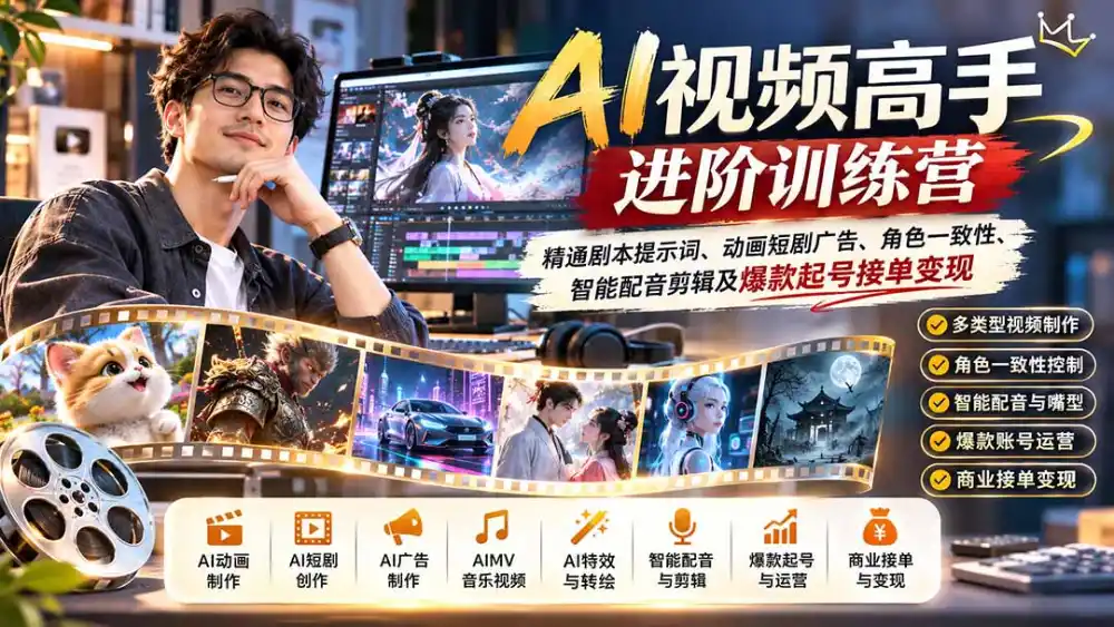 AI视频高手进阶训练营：精通剧本提示词、动画短剧广告、角色一致性、智能配音剪辑及爆款起号接单变现-资源分享