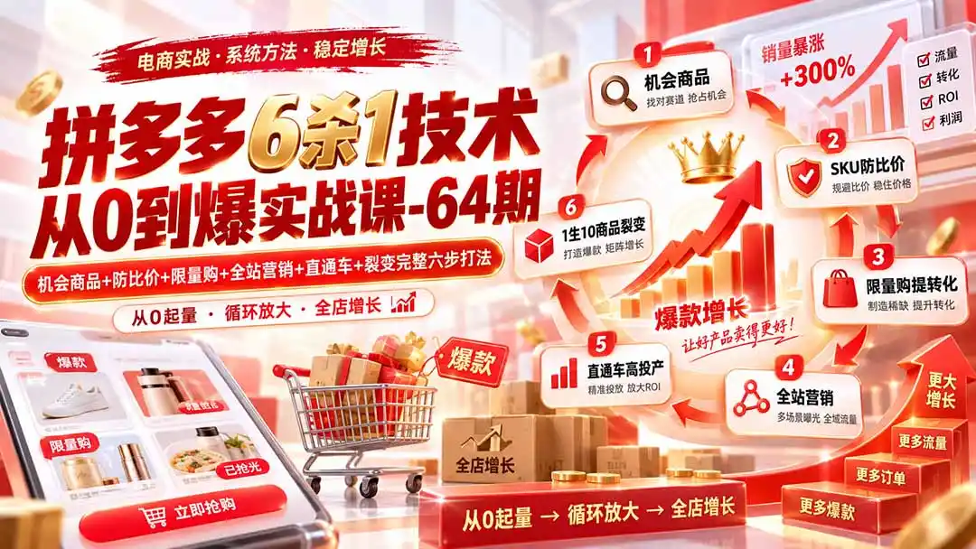 拼多多6杀1技术从0到爆实战课-64期：机会商品+防比价+限量购+全站营销+直通车+裂变完整六步打法-资源分享