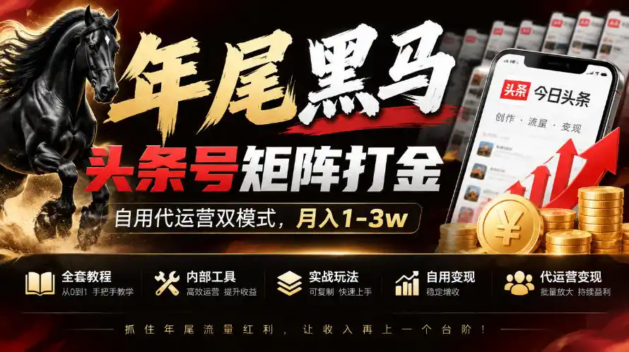 【年尾黑马】头条号矩阵打金，自用代运营双模式，月入1-3w，附全套教程及内部工具【揭秘】-资源分享