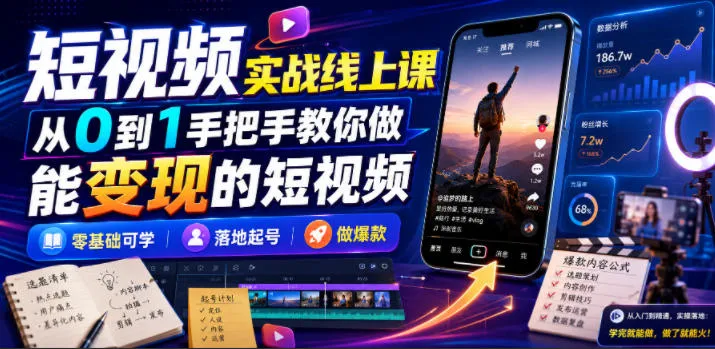 短视频实战线上课,从0到1手把手教你做能变现的短视频,零基础可学,落地起号做爆款