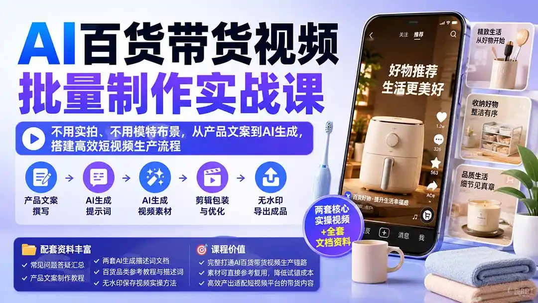 AI百货带货视频批量制作实战课：不用实拍、不用模特布景，从产品文案到AI生成，搭建高效短视频生产流程-资源分享