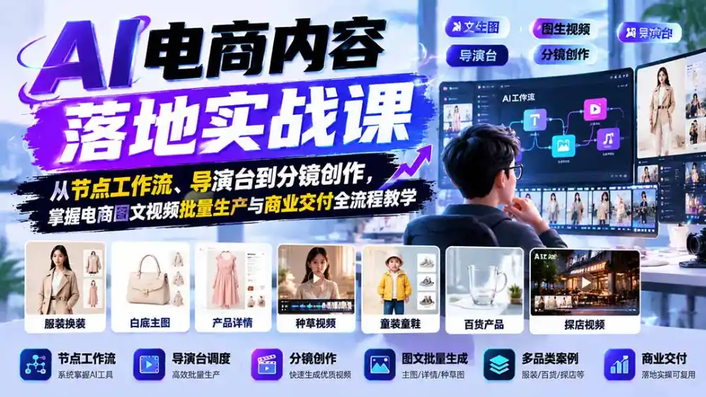 AI电商内容落地实战课：从节点工作流、导演台到分镜创作，掌握电商图文视频批量生产与商业交付全流程教学-资源分享