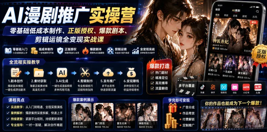 AI漫剧推广实操营｜零基础低成本制作、正版授权、爆款剧本、剪辑运镜全变现实战课-资源分享