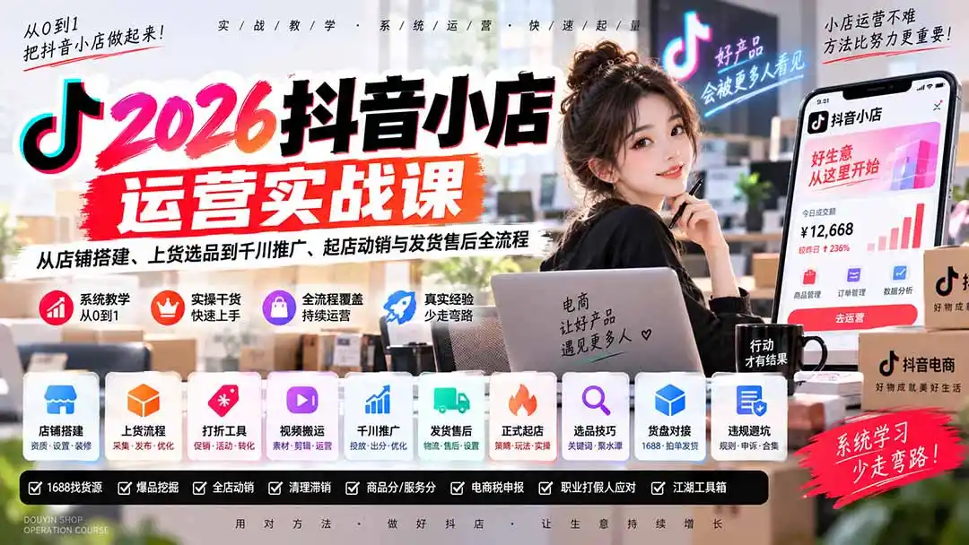 2026抖音小店运营实战课｜从店铺搭建、上货选品到千川推广、起店动销与发货售后全流程-资源分享
