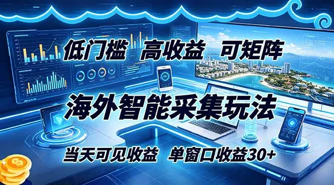 海外智能采集玩法，低门槛高单价可矩阵，当天可见收益，单窗口30+-资源分享
