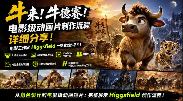 牛来！牛德赛！电影级动画片制作流程详细分享！电影工作室Higgsfield一站式创作平台，完整创作流程-资源分享