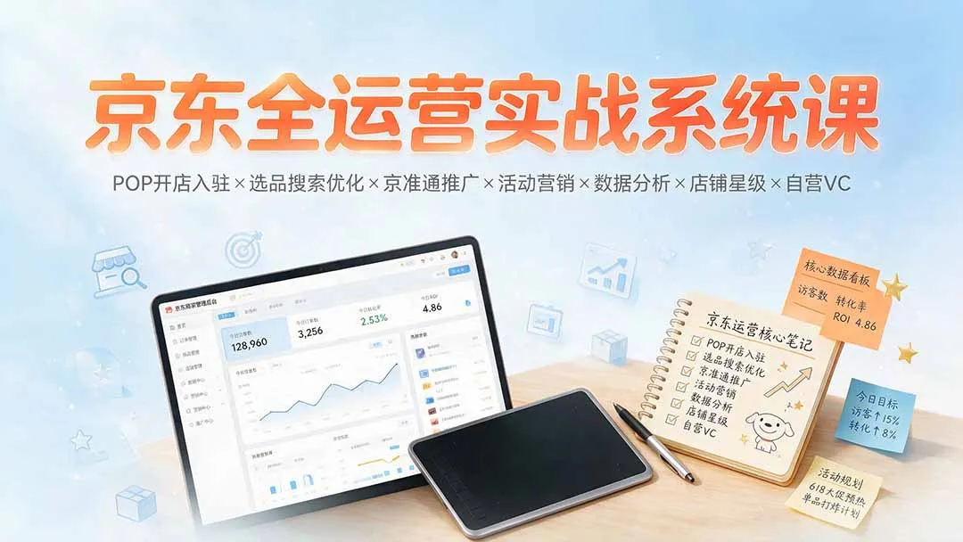 京东全运营实战系统课：POP开店入驻×选品搜索优化×京准通推广×活动营销×数据分析×店铺星级×自营VC-资源分享