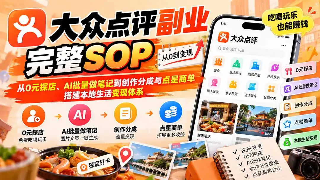 【无水印】大众点评副业完整SOP：从0元探店、AI批量做笔记到创作分成与点星商单，搭建本地生活变现体系-资源分享