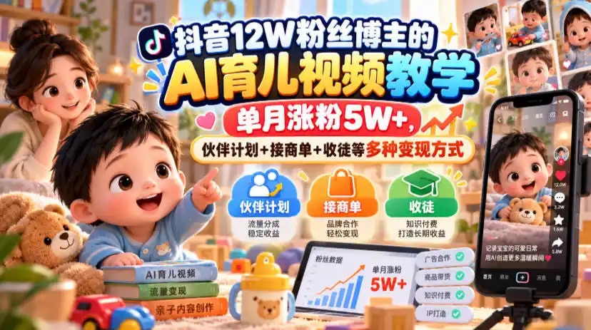 抖音12W粉丝博主的AI育儿视频教学，单月涨粉5W+，伙伴计划+接商单+收徒等多种变现方式-资源分享