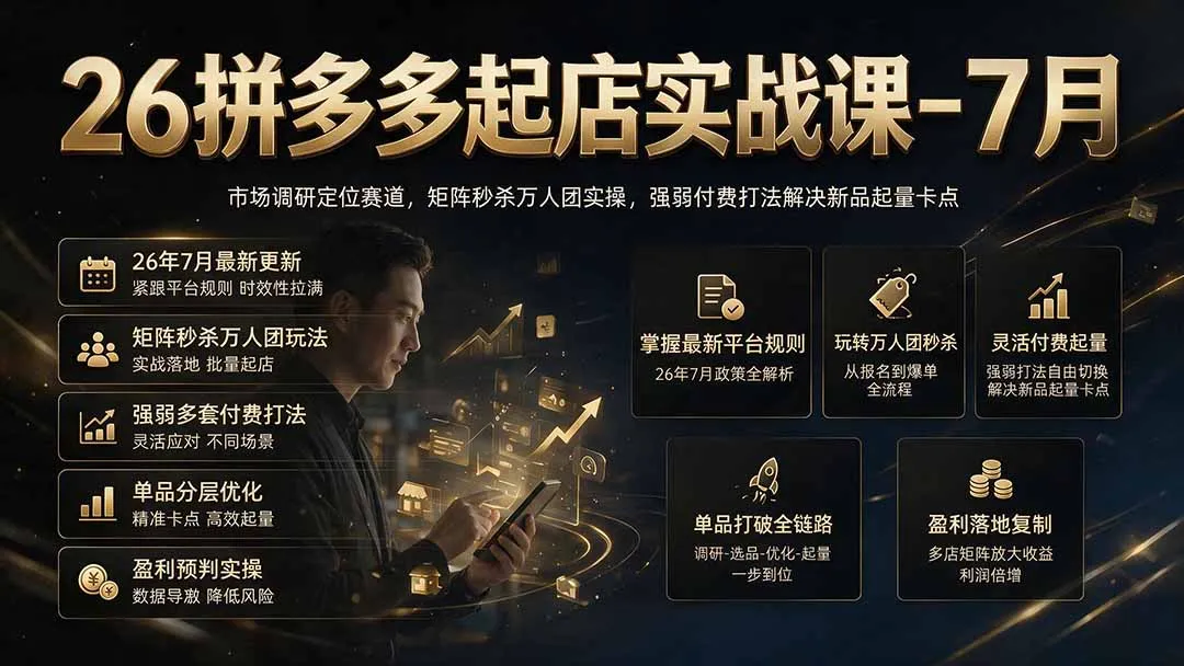 26拼多多起店实战课-7月｜市场调研定位赛道，矩阵秒杀万人团实操，强弱付费打法解决新品起量卡点-资源分享