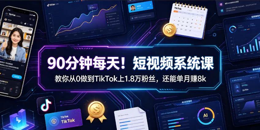 90分钟每天！短视频系统课教你从0做到TikTok上1.8万粉丝，还能单月賺8k【原创双语字幕】-资源分享