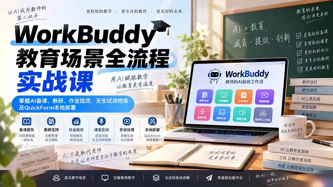 WorkBuddy教育场景全流程实战课：掌握AI备课、教研、作业批改、无生试讲陪练及QuickForm本地部署-资源分享