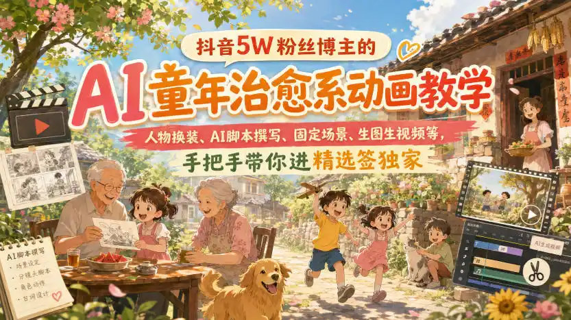 抖音5W粉丝博主的AI童年治愈系动画教学，人物换装、AI脚本撰写、固定场景、生图生视频等，手把手带你进精选签独家-资源分享