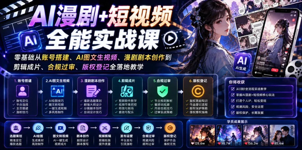 AI漫剧+短视频全能实战课｜零基础从账号搭建、AI图文生视频、漫剧剧本创作到剪辑成片、合规过审、版权登记全落地教学-资源分享