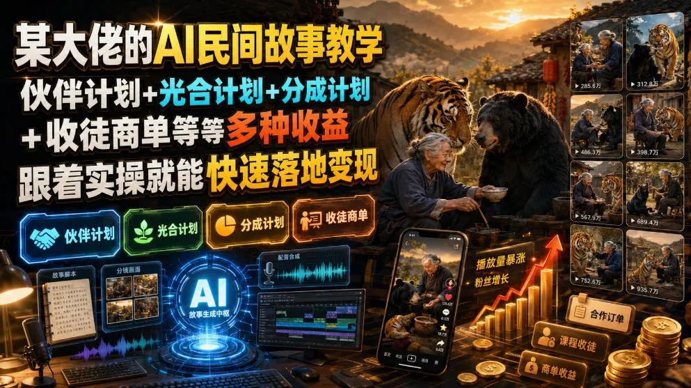 某大佬的AI民间故事教学，伙伴计划+光合计划+分成计划+收徒商单等多种收益，跟着实操就能快速落地变现-资源分享