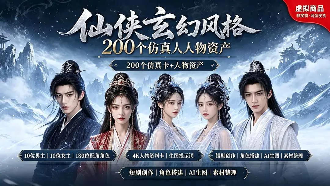 200个仙侠玄幻仿真人素材◆10男主×10女主×180配角，4K资料卡+AI生图提示词，漫剧必备-资源分享